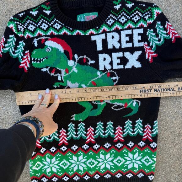 Ugly Christmas Sweater Tree Rex Dinosaur Fair Isle Black Green MEDIUM - Picture 6 of 8
